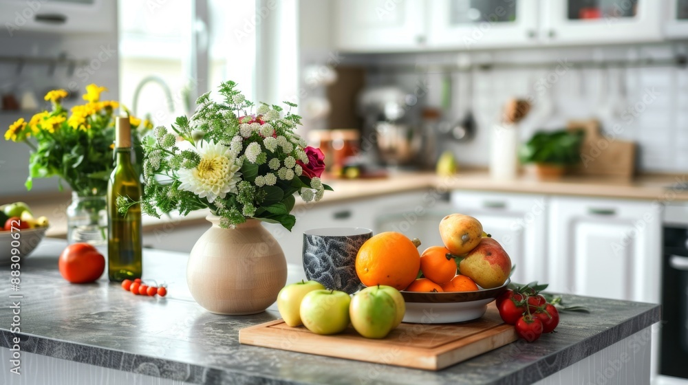 Fresh Fruit and Flowers on a Kitchen Counter. Fresh Fruit and Flowers on a Kitchen Counter.