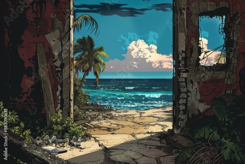 Wallpaper Mural A dilapidated structure overlooks a beautiful beach with palm trees and a vast ocean beyond Torontodigital.ca
