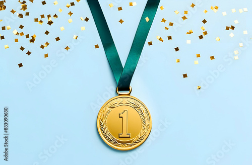 gold medal with confetti on a blue background photo