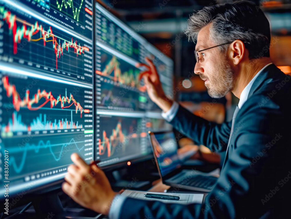 A man in a suit is looking at a computer screen with multiple graphs and numbers. He is focused on the screen and he is making a decision based on the data. Concept of importance and urgency A man in a suit is looking at a computer screen with multiple graphs and numbers. He is focused on the screen and he is making a decision based on the data. Concept of importance and urgency
