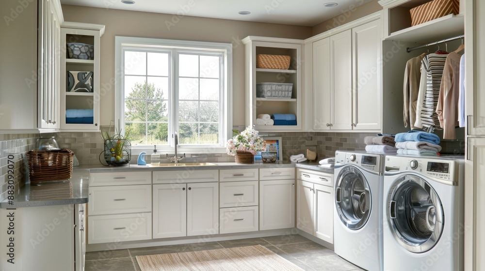 Modern Laundry Room with White Cabinets and Washer and Dryer. Modern Laundry Room with White Cabinets and Washer and Dryer.