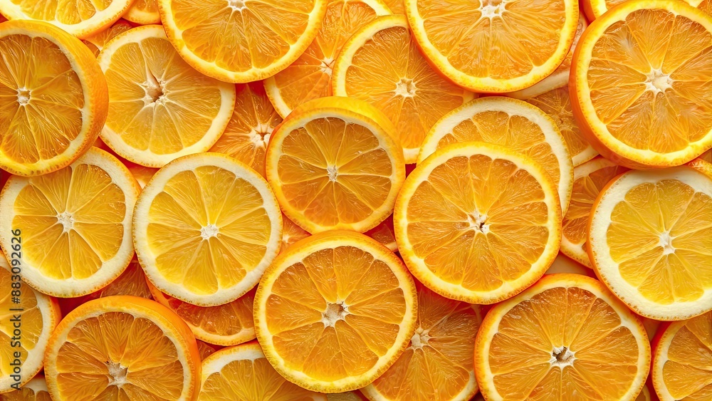 Fototapeta premium Background of freshly cut orange slices, orange, fruit, slices, vibrant, fresh, citrus, colorful, food, healthy