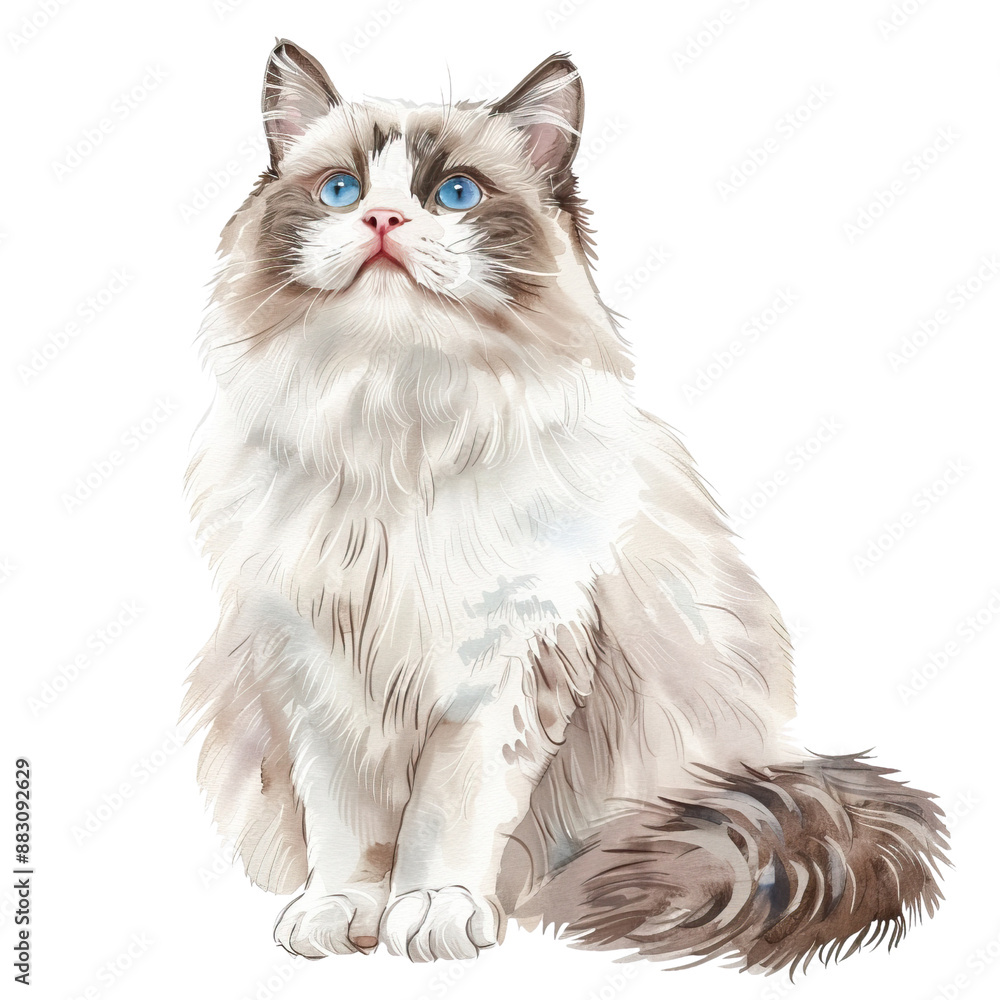 Fototapeta ragdoll cat watercolor illustration clip art isolated on white background