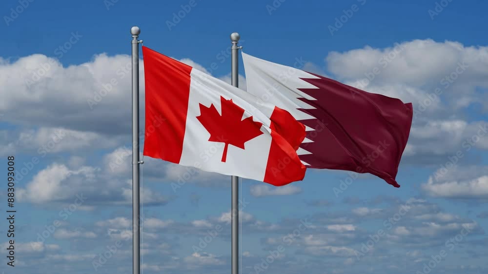 Qatar and Canada flags flying together, video concept of the relationship, two country cooperation concept Qatar and Canada flags flying together, video concept of the relationship, two country cooperation concept