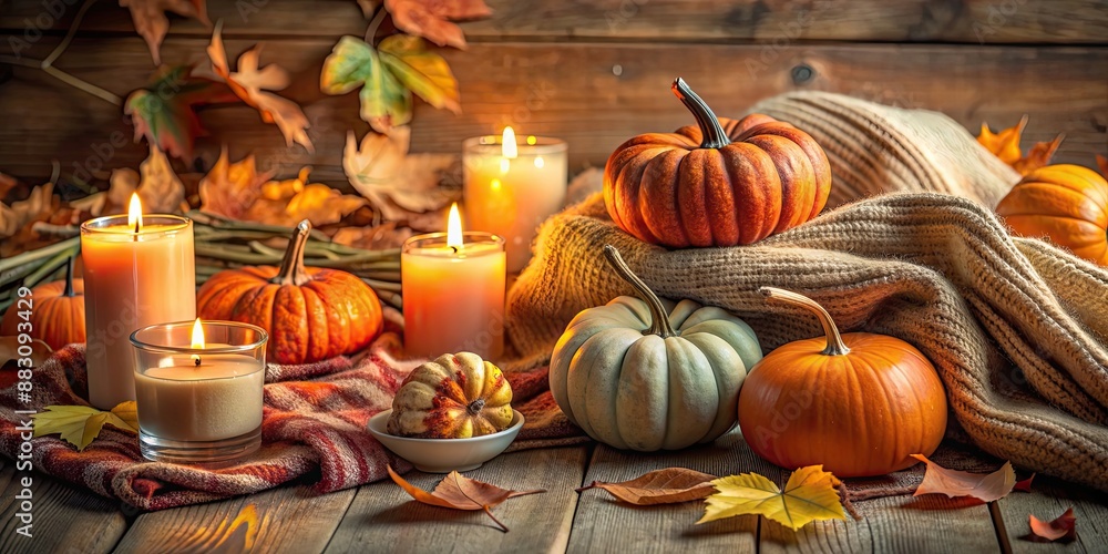 Autumn still life featuring pumpkins, leaves, candles, and a cozy blanket , fall, seasonal, harvest, rustic, table, pumpkin Autumn still life featuring pumpkins, leaves, candles, and a cozy blanket , fall, seasonal, harvest, rustic, table, pumpkin