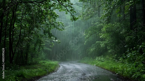 Serene Forest Path with Gentle Rainfall Creates Tranquil Outdoor Atmosphere