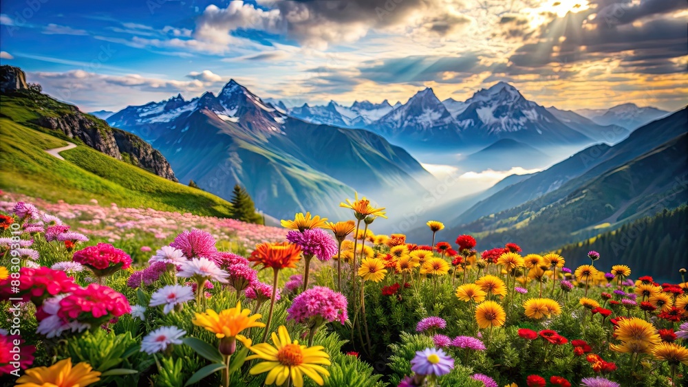 Fototapeta premium Beautiful mountain landscape with colorful flowers in focus, helping to enhance concentration and focus, nature