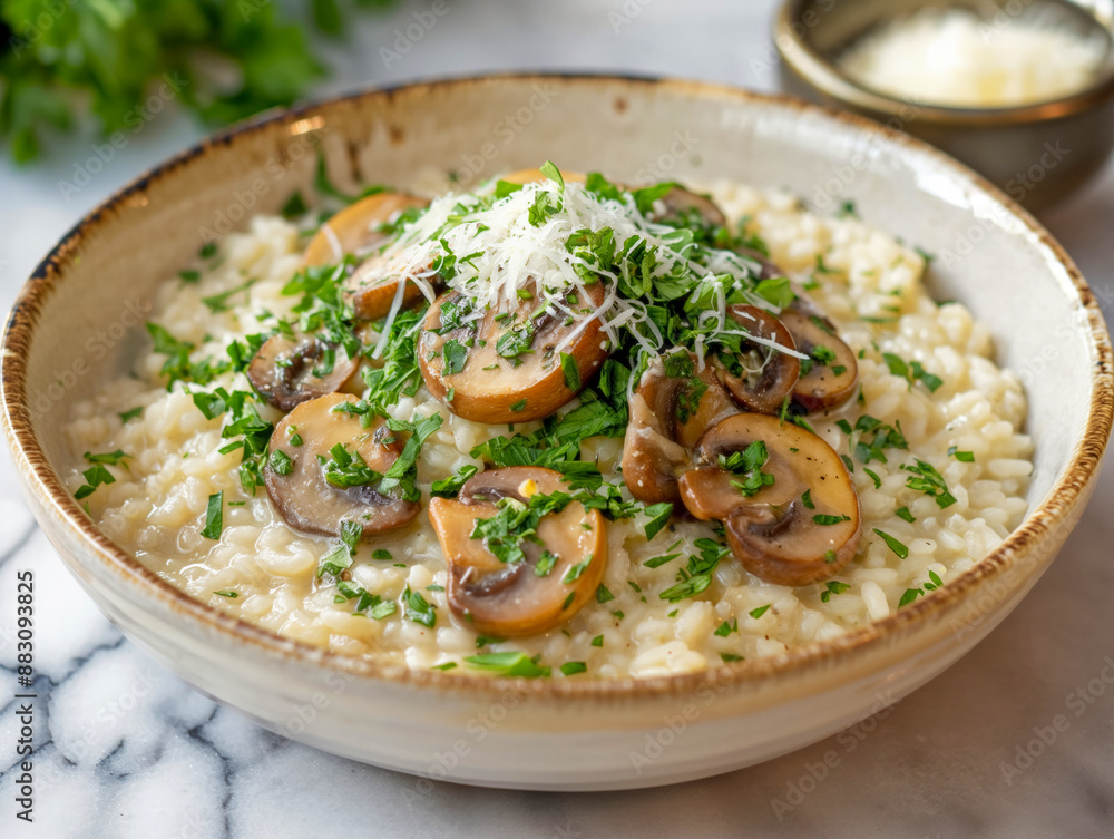 A bowl of rice with mushrooms and parsley on top. The bowl is white and has a brown rim A bowl of rice with mushrooms and parsley on top. The bowl is white and has a brown rim
