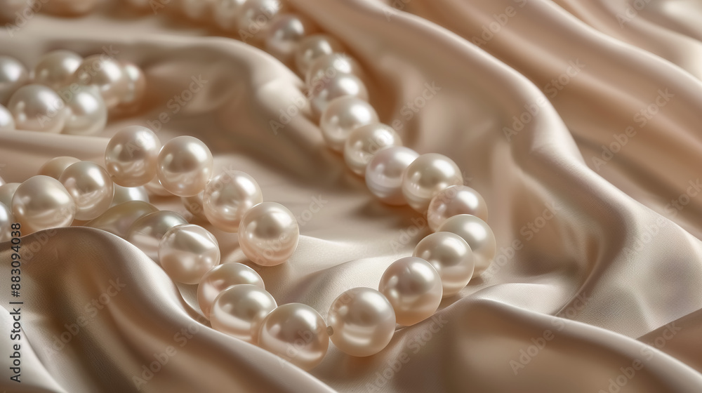 A pearl necklace arranged gracefully on top of beige silk fabric A pearl necklace arranged gracefully on top of beige silk fabric