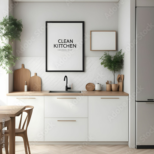 modern kitchen with table, Mock-up, poster frame, imageless poster frame, clean kitchen image that looks natural and comfortable, 3D render photo