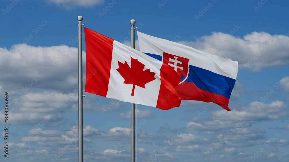 Slovak Republic or Slovakia and Canada flags flying together, video concept of the relationship, two country cooperation concept