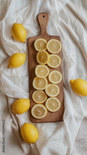 Wallpaper Mural A wooden board with lemon slices lies flat, surrounded by white linen fabric Torontodigital.ca