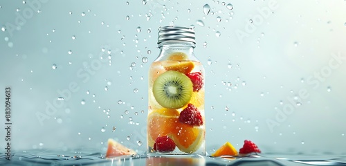 A high-definition shot of layered fruit pieces submerged in liquid inside a bottle mockup