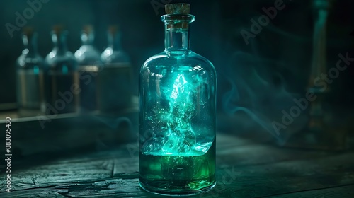 A high-resolution capture inside a bottle with emerald green liquid and a hint of glow photo