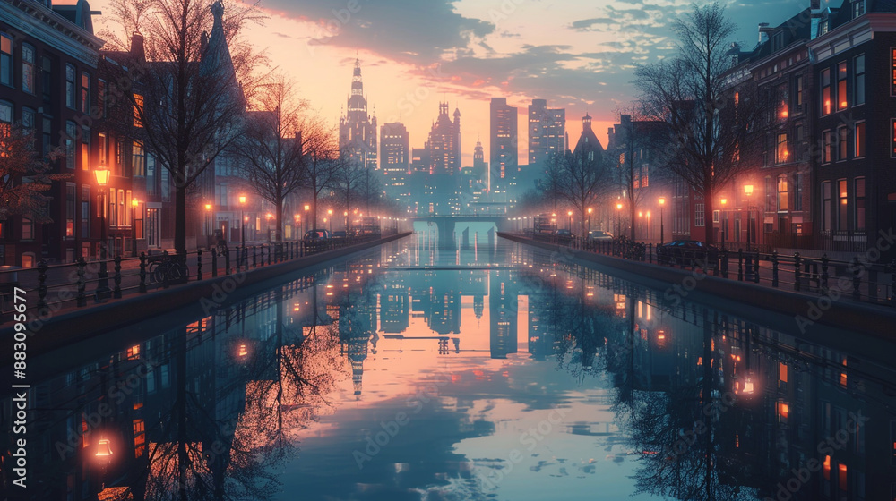 A dreamy pastel cityscape at twilight 