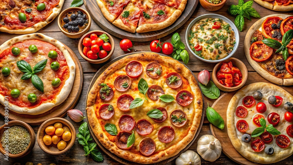 Assorted pizzas including pepperoni, margherita Assorted pizzas including pepperoni, margherita