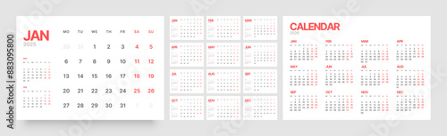 Monthly calendar template for 2025 year. Diary planner in a minimalist style. Week Starts on Monday. 
