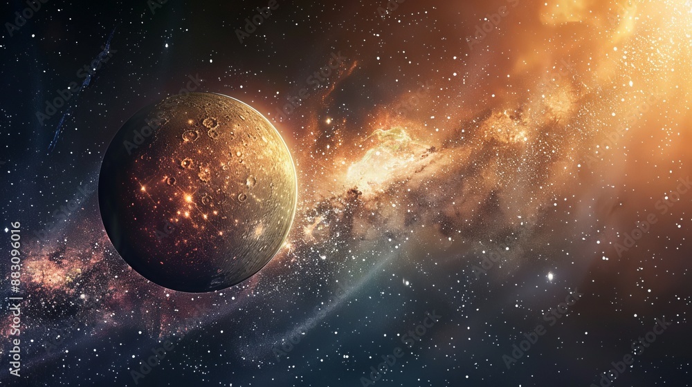 Naklejka premium A stunning golden celestial sphere set prominently against the backdrop of the Milky Way, highlighting intricate details and the grandeur of the cosmos.
