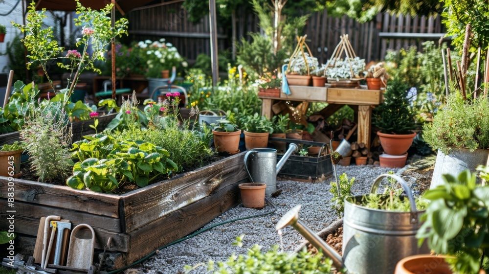 Gardening Tools and Plants in a Backyard. Gardening Tools and Plants in a Backyard.