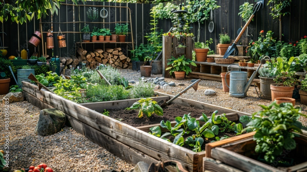 Backyard Garden with Raised Beds and Plants. Backyard Garden with Raised Beds and Plants.