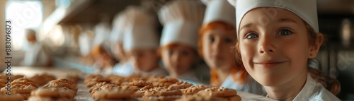 Close-up of children waiting in front of the oven with a chef, cookies baking inside, focus on, whimsical, overlay, culinary school backdrop