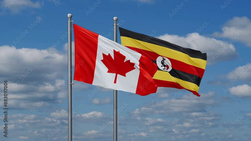 Republic of Uganda and Canada flags flying together, video concept of the relationship, two country cooperation concept Republic of Uganda and Canada flags flying together, video concept of the relationship, two country cooperation concept