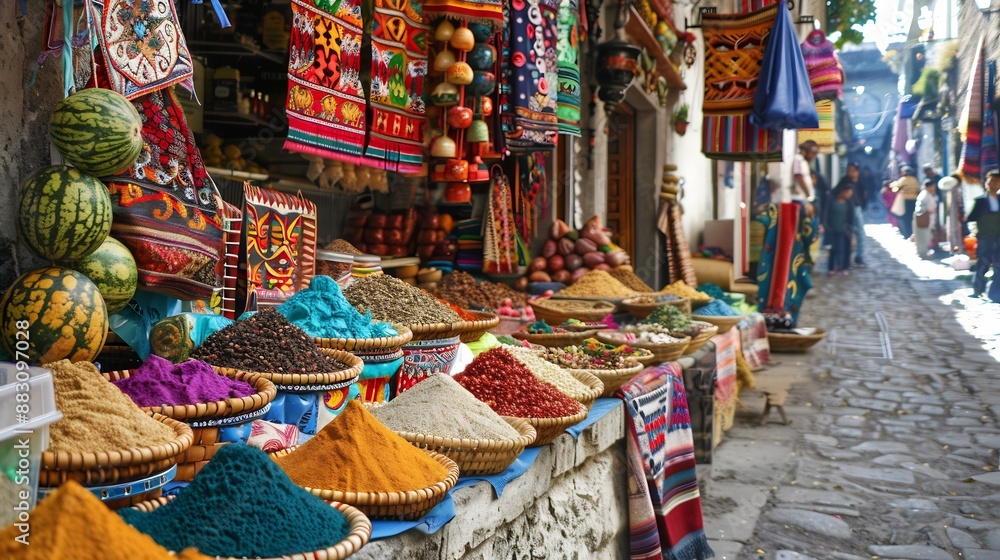 Vibrant Spices and Textiles in a Moroccan Market Vibrant Spices and Textiles in a Moroccan Market