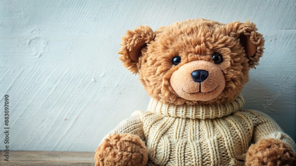 Obraz premium Adorable of a brown teddy bear plushie with a cozy sweater, teddy bear, plushie, cute, adorable, , toy, brown, cozy, sweater, cuddly