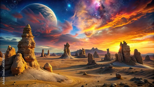 Alien landscape with strange rock formations and colorful skies, extraterrestrial, alien, landscape, rocks