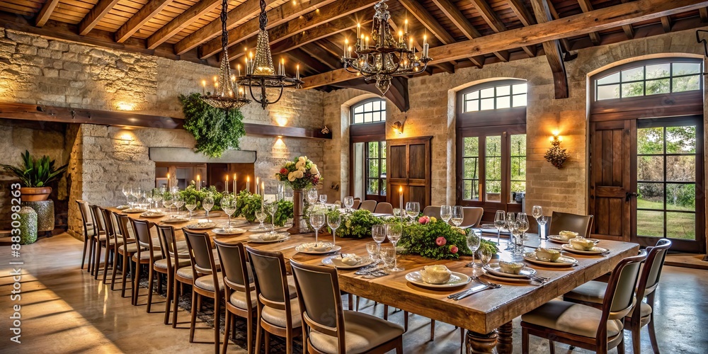 An elegant banquet set up in a rustic kitchen , food, table, dinner, celebration, culinary, cooking, festive, arrangement An elegant banquet set up in a rustic kitchen , food, table, dinner, celebration, culinary, cooking, festive, arrangement
