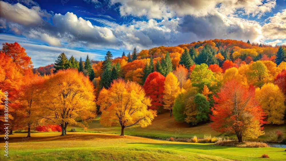 Autumn landscape featuring colorful trees in a peaceful setting, autumn, landscape, trees, foliage, season, colors, peaceful