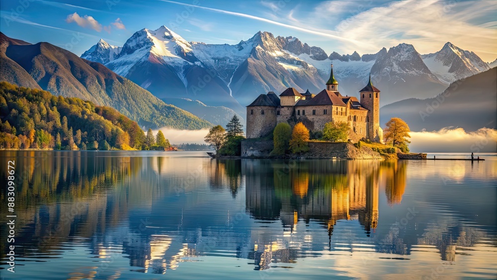 Fototapeta premium Ancient castle floating on a lake with stunning mountain views, castle, lake, mountains, scenic, landscape, water