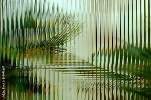 Green palm with reeded glass. Clear abstract texture. Premium modern style. Frosted glass with window reflection. White Ribbed Background.