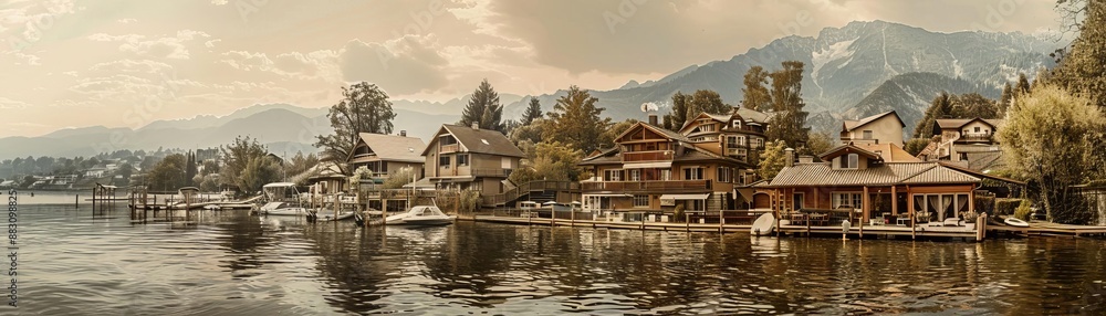 Aerial perspective of a picturesque lakeside town with charming houses and boats, Vintage, Sepia, Sketch, nostalgic and peaceful lakeside living Aerial perspective of a picturesque lakeside town with charming houses and boats, Vintage, Sepia, Sketch, nostalgic and peaceful lakeside living