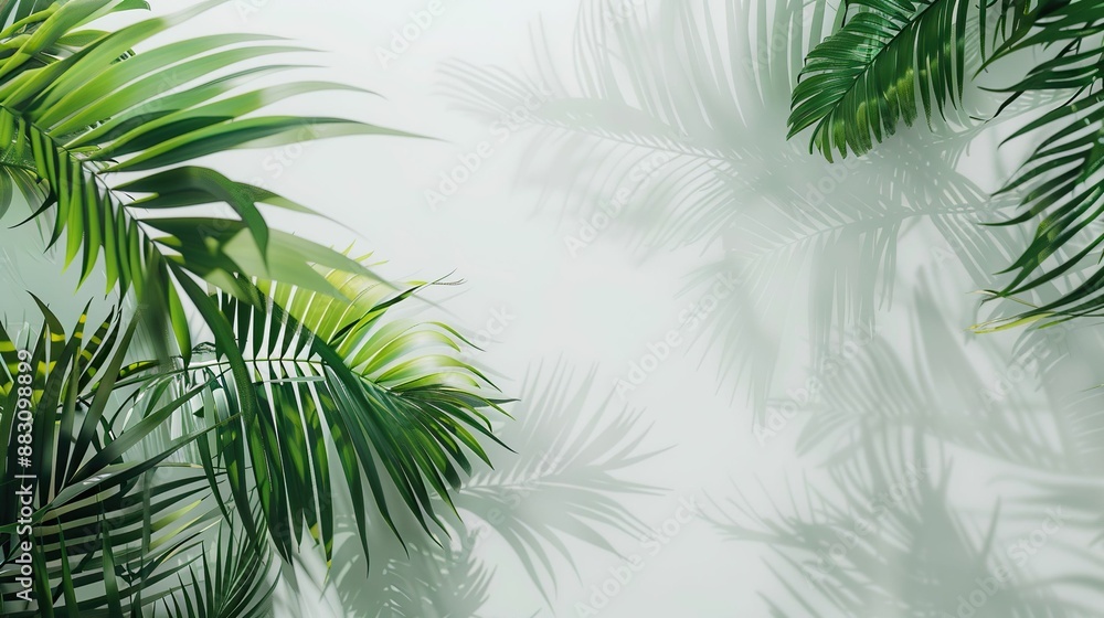 Abstract background with palm leaves. Palm tree and green leaf texture. Isolated green tropical plant. White wall with shadow for product display. Abstract background with palm leaves. Palm tree and green leaf texture. Isolated green tropical plant. White wall with shadow for product display.