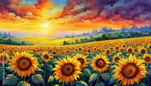 field of sunflowers at sunset