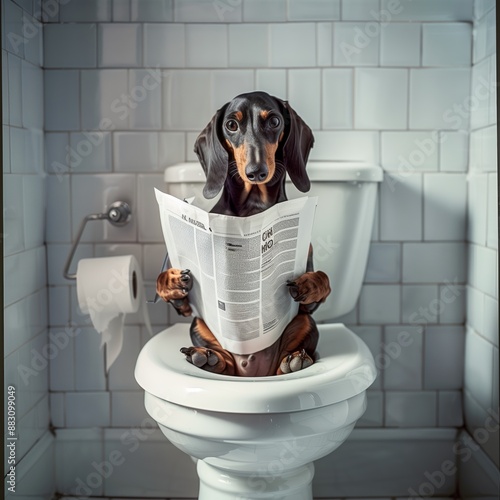 Funny Dachshund Reading a Newspaper While Sitting on a Toilet in a White Tiled Bathroom