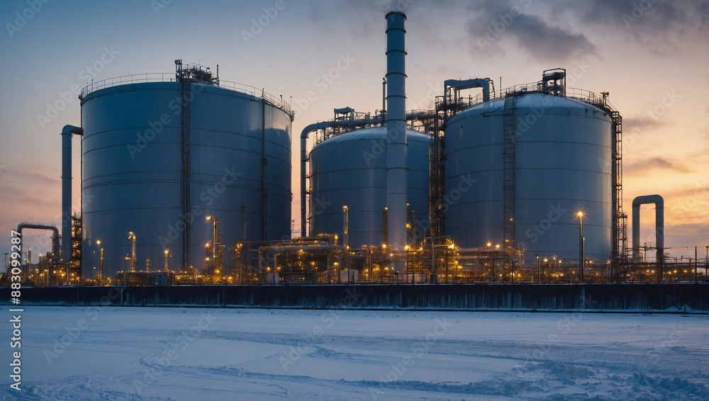 Fototapeta premium Oil supply. large white steel reservoirs of a tank farm for mineral oil at a canal. 