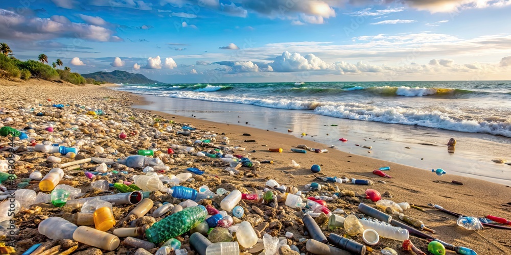 Beach covered in plastic bottles and trash, trash, pollution, plastic, bottles, litter, environmental, waste, garbage Beach covered in plastic bottles and trash, trash, pollution, plastic, bottles, litter, environmental, waste, garbage