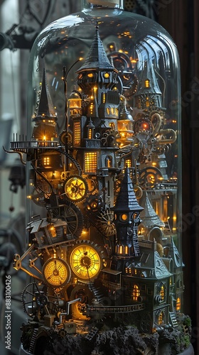 A unique view of the interior of a bottle containing a miniature steampunk city with glowing gears photo