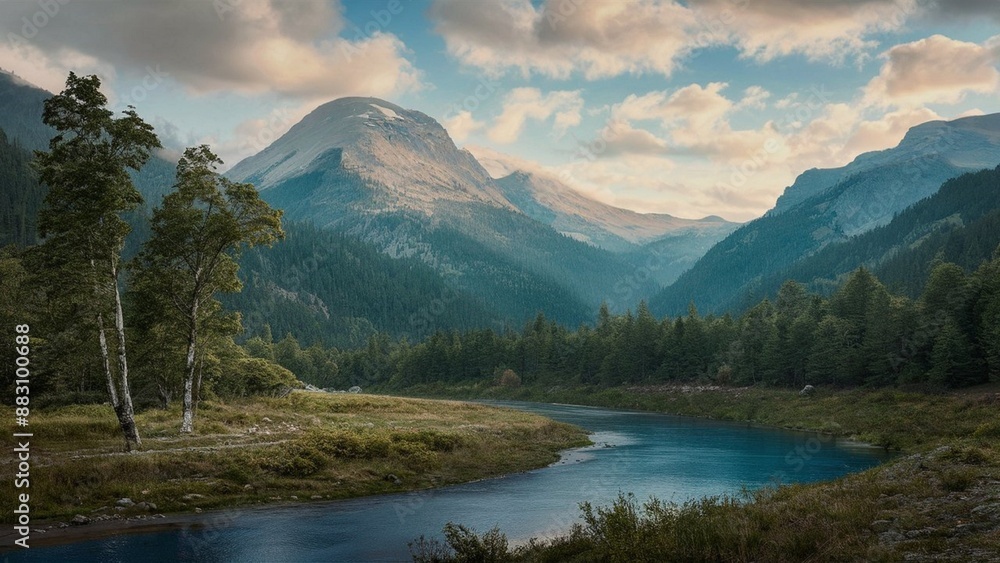 Naklejka premium morning in the mountains and river near a forest