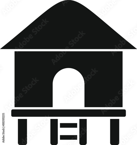 Black silhouette of a tropical bungalow standing on stilts over water