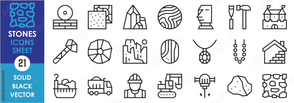 A set of line icons related to stones. Construction materials, rocks, gemstone, jewelry, vintage, machines, statues, excavator, jackhammer, marble, granite and so on. Vector outline icons set. A set of line icons related to stones. Construction materials, rocks, gemstone, jewelry, vintage, machines, statues, excavator, jackhammer, marble, granite and so on. Vector outline icons set.