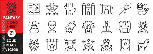 A set of line icons related to fantasy. Fairy tale, fiction, vintage, myth, alien, spell book, fairy, magic, tree, castle, potion, dragon, sword, wolf, warrior, and so on. Vector outline icons set.