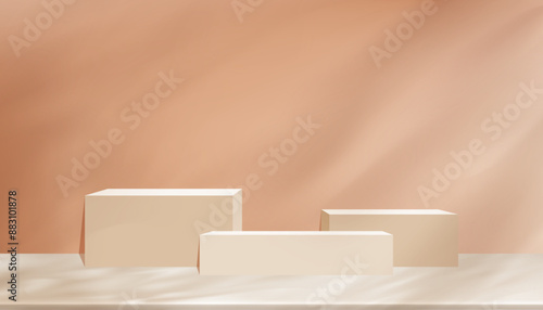 Autumn Background,Beige Studio and Podium with shadow leaves on cement floor,Backdrop Fall Season 3D Display Room with Stand Concept for Cosmetic product presentation,Sale,Online shop