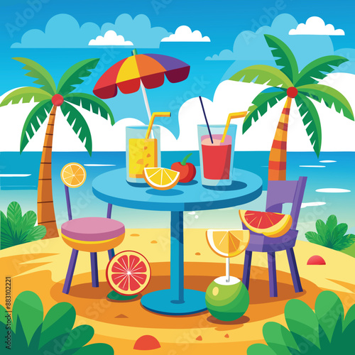 Set of cute summer icons. Hand drawn vector illustration. Flamingo, toucan, tropical palm leaves, fruits, food, drinks. Summertime poster, scrapbooking elements