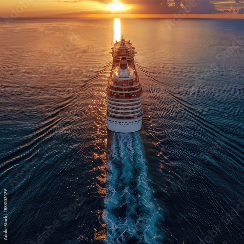 Panoramic aerial view of a cruise ship traveling over the ocean during golden summer sunset time