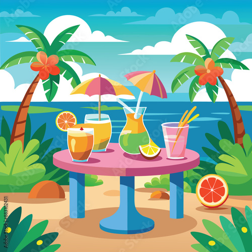 Set of cute summer icons. Hand drawn vector illustration. Flamingo, toucan, tropical palm leaves, fruits, food, drinks. Summertime poster, scrapbooking elements