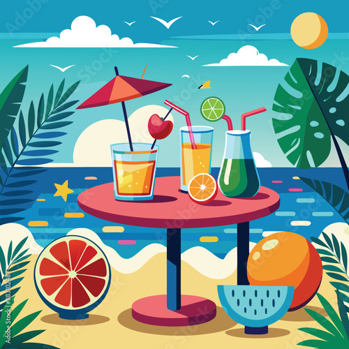 Set of cute summer icons. Hand drawn vector illustration. Flamingo, toucan, tropical palm leaves, fruits, food, drinks. Summertime poster, scrapbooking elements