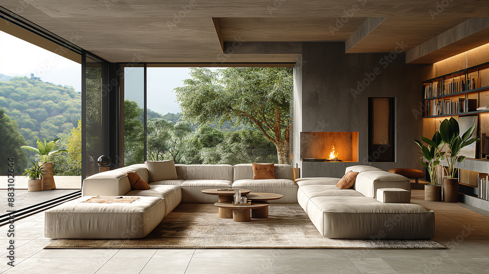 high realistic 8k living room in the Toscana with high end furniture, dark grey window frames light Minotti furniture, light tile floor, a lot of light wood, a nice terasse outside fireplace table hig high realistic 8k living room in the Toscana with high end furniture, dark grey window frames light Minotti furniture, light tile floor, a lot of light wood, a nice terasse outside fireplace table hig